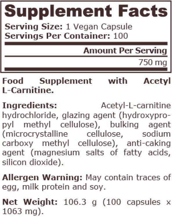 Acetyl L-Carnitine 750 mg - 100 vegan capsules - Image 2